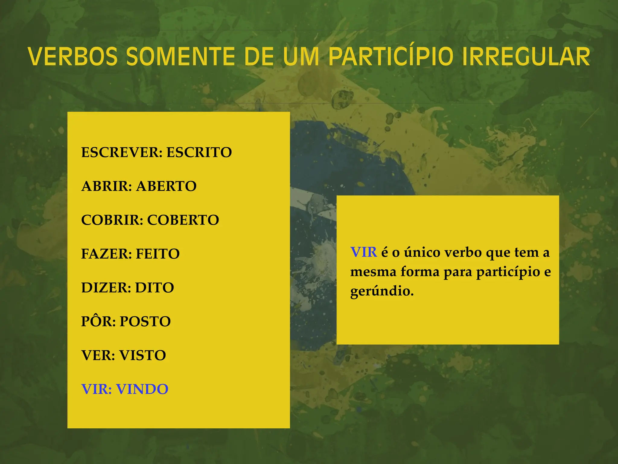 VERBOS SOMENTE DE UM PARTICÍPIO IRREGULAR
ESCREVER: ESCRITO
ABRIR: ABERTO
COBRIR: COBERTO
FAZER: FEITO
DIZER: DITO
PÔR: POSTO
VER: VISTO
VIR: VINDO
VIR é o único verbo que tem a
mesma forma para particípio e
gerúndio.
 