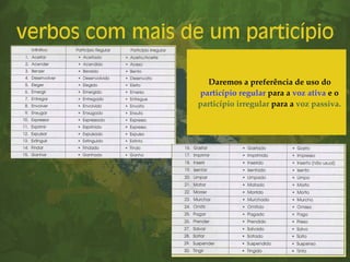 verbos com mais de um particípio
Daremos a preferência de uso do
particípio regular para a voz ativa e o
particípio irregular para a voz passiva.
 