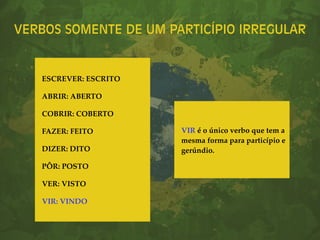 VERBOS SOMENTE DE UM PARTICÍPIO IRREGULAR
ESCREVER: ESCRITO
ABRIR: ABERTO
COBRIR: COBERTO
FAZER: FEITO
DIZER: DITO
PÔR: POSTO
VER: VISTO
VIR: VINDO
VIR é o único verbo que tem a
mesma forma para particípio e
gerúndio.
 