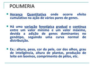 POLIMERIA
   Herança Quantitativa onde ocorre efeito
    cumulativo na ação de vários pares de genes.

   Há uma variação fenotípica gradual e contínua
    entre um valor mínimo e um valor máximo,
    devida a adição de genes dominantes no
    genótipo, seguindo uma curva normal de
    distribuição.

   Ex.: altura, peso, cor da pele, cor dos olhos, grau
    de inteligência, altura de plantas, produção de
    leite em bovinos, comprimento de pêlos, etc.
 