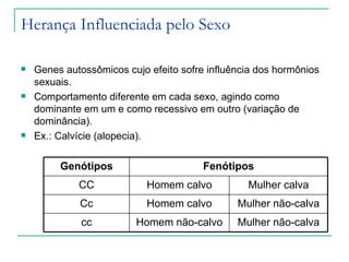 Herança Influenciada pelo Sexo

   Genes autossômicos cujo efeito sofre influência dos hormônios
    sexuais.
   Comportamento diferente em cada sexo, agindo como
    dominante em um e como recessivo em outro (variação de
    dominância).
   Ex.: Calvície (alopecia).

         Genótipos                      Fenótipos
             CC             Homem calvo          Mulher calva
             Cc             Homem calvo        Mulher não-calva
              cc         Homem não-calvo       Mulher não-calva
 