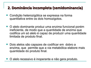 2. Dominância incompleta (semidominancia)
   Condição heterozigótica se expressa na forma
    quantitativa entre os dois homozigotos.

   O alelo dominante produz uma enzima funcional porém
    ineficiente, de modo que a quantidade de enzima que
    codifica um só alelo é capaz de produzir uma quantidade
    limitada de produto final.

   Dois alelos são capazes de codificar em dobro a
    enzima, que permite que a via metabólica elabore mais
    quantidade do produto final.

   O alelo recessivo é inoperante e não gera produto.
 