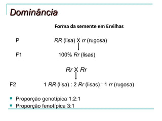 Dominância
                    Forma da semente em Ervilhas

    P              RR (lisa) X rr (rugosa)

    F1               100% Rr (lisas)

                         Rr X Rr

F2             1 RR (lisa) : 2 Rr (lisas) : 1 rr (rugosa)

   Proporção genotípica 1:2:1
   Proporção fenotípica 3:1
 