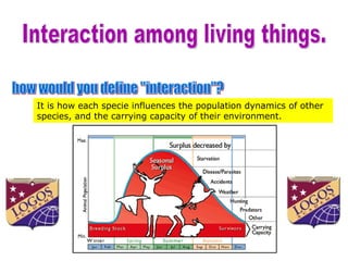 Interaction among living things. how would you define &quot;interaction&quot;? It is how each specie influences the population dynamics of other species, and the carrying capacity of their environment.  