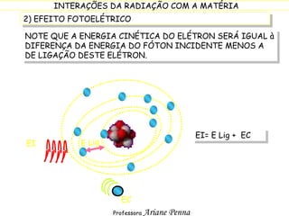 2) EFEITO FOTOELÉTRICO NOTE QUE A ENERGIA CINÉTICA DO ELÉTRON SERÁ IGUAL à DIFERENÇA DA ENERGIA DO FÓTON INCIDENTE MENOS A DE LIGAÇÃO DESTE ELÉTRON. EC EI E Lig EI= E Lig +  EC 