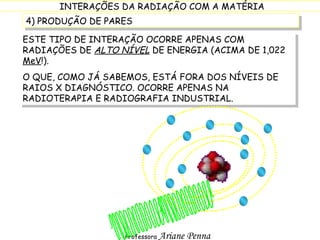4) PRODUÇÃO DE PARES ESTE TIPO DE INTERAÇÃO OCORRE APENAS COM RADIAÇÕES DE  ALTO NÍVEL  DE ENERGIA (ACIMA DE 1,022  MeV !). O QUE, COMO JÁ SABEMOS, ESTÁ FORA DOS NÍVEIS DE RAIOS X DIAGNÓSTICO. OCORRE APENAS NA RADIOTERAPIA E RADIOGRAFIA INDUSTRIAL. 