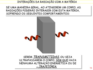DE UMA MANEIRA GERAL, AO ATINGIREM UM CORPO, AS RADIAÇÕES PODERÃO INTERAGIR COM ESTA MATÉRIA, SOFRENDO OS SEGUINTES COMPORTAMENTOS: SEREM  TRANSMITIDAS , OU SEJA ULTRAPASSAREM O CORPO,  SEM QUE  HAJA NENHUMA ALTERAÇÃO ENERGÉTICA OU DE TRAJETÓRIA Professora Ariane Penna 