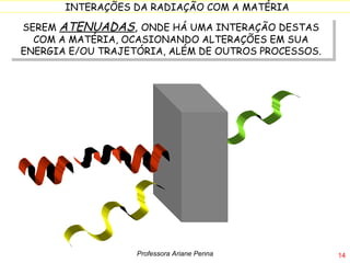 SEREM  ATENUADAS ,  ONDE HÁ UMA INTERAÇÃO DESTAS COM A MATÉRIA, OCASIONANDO ALTERAÇÕES EM SUA ENERGIA E/OU TRAJETÓRIA, ALÉM DE OUTROS PROCESSOS. Professora Ariane Penna 