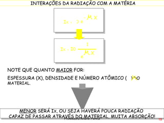 e X I 0 I X  = 1 MENOR  SERÁ I X , OU SEJA HAVERÁ POUCA RADIAÇÃO  CAPAZ DE PASSAR ATRAVÉS DO MATERIAL, MUITA ABSORÇÃO! Professora Ariane Penna e - X I 0 I X  = NOTE QUE QUANTO  MAIOR  FOR: ESPESSURA (X), DENSIDADE E NÚMERO ATÔMICO (  ) DO MATERIAL. 