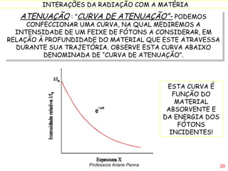 ATENUAÇÃO  : ” CURVA DE ATENUAÇÃO”-  PODEMOS CONFECCIONAR UMA CURVA, NA QUAL MEDIREMOS A INTENSIDADE DE UM FEIXE DE FÓTONS A CONSIDERAR, EM RELAÇÃO À PROFUNDIDADE DO MATERIAL QUE ESTE ATRAVESSA DURANTE SUA TRAJETÓRIA. OBSERVE ESTA CURVA ABAIXO DENOMINADA DE “CURVA DE ATENUAÇÃO”. ESTA CURVA É FUNÇÃO DO MATERIAL ABSORVENTE E DA ENERGIA DOS FÓTONS INCIDENTES! Professora Ariane Penna 