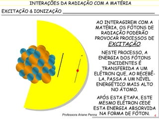 EXCITAÇÃO & IONIZAÇÃO _________________________________ AO INTERAGIREM COM A MATÉRIA, OS FÓTONS DE RADIAÇÃO PODERÃO PROVOCAR PROCESSOS DE  EXCITAÇÃO . NESTE PROCESSO, A ENERGIA DOS FÓTONS INCIDENTES É TRANSFERIDA A UM ELÉTRON QUE, AO RECEBÊ-LA, PASSA A UM NÍVEL ENERGÉTICO MAIS ALTO NO ÁTOMO. APÓS ESTA ETAPA, ESTE MESMO ELÉTRON CEDE ESTA ENERGIA ABSORVIDA NA FORMA DE FÓTON. INTERAÇÕES DA RADIAÇÃO COM A MATÉRIA Professora Ariane Penna 