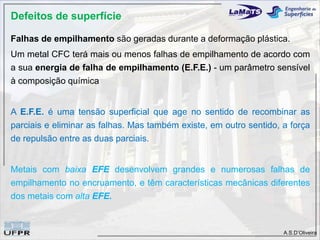 Defeitos de superfície

Falhas de empilhamento são geradas durante a deformação plástica.
Um metal CFC terá mais ou menos falhas de empilhamento de acordo com
a sua energia de falha de empilhamento (E.F.E.) - um parâmetro sensível
à composição química


A E.F.E. é uma tensão superficial que age no sentido de recombinar as
parciais e eliminar as falhas. Mas também existe, em outro sentido, a força
de repulsão entre as duas parciais.


Metais com baixa EFE desenvolvem grandes e numerosas falhas de
empilhamento no encruamento, e têm características mecânicas diferentes
dos metais com alta EFE.


                                                                    A.S.D’Oliveira
 