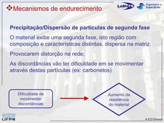Mecanismos de endurecimento

 Precipitação/Dispersão de partículas de segunda fase
 O material exibe uma segunda fase, isto região com
 composição e características distintas, dispersa na matriz.
 Provocarem distorção na rede;
 As discordâncias vão ter dificuldade em se movimentar
 através destas partículas (ex: carbonetos)



    Dificuldade de                       Aumento da
     movimentar                          resistência
    discordâncias                        do material


                                                         A.S.D’Oliveira
 