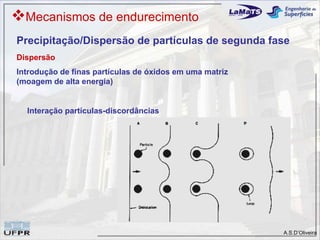 Mecanismos de endurecimento
Precipitação/Dispersão de partículas de segunda fase
Dispersão
Introdução de finas partículas de óxidos em uma matriz
(moagem de alta energia)


  Interação partículas-discordâncias




                                                         A.S.D’Oliveira
 
