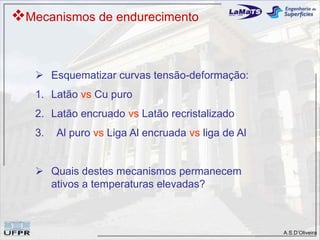 Mecanismos de endurecimento


    Esquematizar curvas tensão-deformação:
   1. Latão vs Cu puro
   2. Latão encruado vs Latão recristalizado
   3.   Al puro vs Liga Al encruada vs liga de Al


    Quais destes mecanismos permanecem
     ativos a temperaturas elevadas?



                                                    A.S.D’Oliveira
 