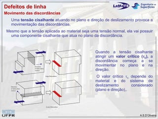 Defeitos de linha
Movimento das discordâncias
   Uma tensão cisalhante atuando no plano e direção de deslizamento provoca a
   movimentação das discordâncias.
 Mesmo que a tensão aplicada ao material seja uma tensão normal, ela vai possuir
   uma componente cisalhante que atua no plano da discordância.



                                                 Quando a tensão cisalhante
                                                 atingir um valor crítico (c), a
                                                 discordância começa a se
                                                 movimentar no plano e na
                                                 direção.
                                                  O valor crítico c depende do
                                                 material e do sistema de
                                                 deslizamento        considerado
                                                 (plano e direção),.




                                                                         A.S.D’Oliveira
 