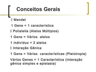 Conceitos Gerais
 Mendel
1 Gene = 1 característica
 Interação Gênica
1 Gene = Várias características (Pleiotropia)
Vários Genes = 1 Característica (Interação
gênica simples e epistasia)
 Polialelia (Alelos Múltiplos)
1 Gene = Vários alelos
1 indivíduo = 2 alelos
 