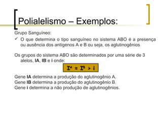 Polialelismo – Exemplos:
Grupo Sanguíneo:
 O que determina o tipo sanguíneo no sistema ABO é a presença
ou ausência dos antígenos A e B ou seja, os aglutinogênios
Os grupos do sistema ABO são determinados por uma série de 3
alelos, IA, IB e i onde:
Gene IA determina a produção do aglutinogênio A.
Gene IB determina a produção do aglutinogênio B.
Gene i determina a não produção de aglutinogênios.
IIAA
= I= IBB
> i> i
 