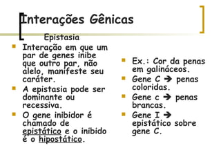 Interações Gênicas
Epistasia
 Interação em que um
par de genes inibe
que outro par, não
alelo, manifeste seu
caráter.
 A epistasia pode ser
dominante ou
recessiva.
 O gene inibidor é
chamado de
epistático e o inibido
é o hipostático.
 Ex.: Cor da penas
em galináceos.
 Gene C  penas
coloridas.
 Gene c  penas
brancas.
 Gene I 
epistático sobre
gene C.
 