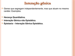  Genes que segregam independentemente, mas que atuam no mesmo
caráter. Exemplos.
 Herança Quantitativa.
 Interação Gênica não Epistática.
 Epistasia – Interação Gênica Epistática.
Interação gênicaInteração gênica
 