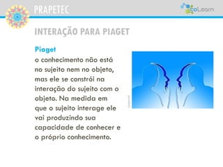 PRAPETEC
INTERAÇÃO PARA PIAGET
Piaget
o conhecimento não está
no sujeito nem no objeto,
mas ele se constrói na
interação do sujeito com o
objeto. Na medida em
que o sujeito interage ele
vai produzindo sua
capacidade de conhecer e
o próprio conhecimento.
pixabay
 
