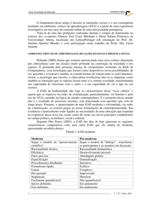 Novas Tecnologias na Educação                                                     CINTED-UFRGS




        O fundamento desse artigo é discutir as interações sociais e o seu conseqüente
resultado em ambientes virtuais de aprendizagem (AVA’s) a partir de uma experiência
investigativa em um curso de extensão online de uma universiadade portuguesa.
        Trata-se de uma das produções realizadas durante o estágio de doutorando no
exterior dos co-autores Glaucio José Couri Machado e Deise Juliana Francisco na
Universidade Aberta, localizada em Lisboa/Portugal sob orientação do Prof. Dr.
António Quintas Mendes e com participação neste trabalho da Profa. Dra. Lúcia
Amante.

AMBIENTES VIRTUAIS DE APRENDIZAGEM, RELAÇOES HUMANAS E PRESENÇA SOCIAL

        Pellanda (2000) afirma que estamos presenciando uma nova cultura (denomina
por cibercultura) com um alcance muito profundo na construção da sociedade e dos
sujeitos. É permeada pela presença maciça de componentes existentes na Rede de
Computadores, com tecnologias que trazem como dispositivos novas possibilidades de
ver, perceber e vivenciar o mundo, re-criando formas de relação entre os seres humanos.
Assim, a tecnologia que envolve a cibercultura revoluciona não só as máquinas como
também as interações que os sujeitos fazem entre si e com/na sociedade, transformando
sua capacidade de relacionar com o outro e a sua capacidade de ver e agir no seu
cosmos.
        A EAD da hodiernidade não foge às características dessa “nova cultura” e
aquela que se expressa via redes de comunicação, particularmente, via Internet e pelo
uso do AVA, caminha na lógica do mundo contemporâneo. E o momento desse mundo
não é o resultado de processos recentes, está relacionado com questões que vem de
longo prazo. Portanto, o aparecimento de uma EAD moderna e reformulada, via redes
de comunicação, só ocorreu graças às novas formulações da contemporaneidade. Sua
existência e aparecimento estão ligados às necessidades de uma educação que responda
às exigências dessa nova era, assim como dê vazão aos novos princípios estabelecidos
no campo político, econômico, social e cultural.
        Segundo Otto Peters (2003), a EAD dos dias de hoje apresenta as seguintes
características comparativas com uma outra EAD que ele chama de moderna,
apresentadas na tabela abaixo:
                               Tabela 1- EAD moderna

   Moderna                                          Pós-moderna
   Segue o modelo do “gerenciamento                 Segue o modelo de “diálogo” - transforma
   científico”                                      os participantes e os assuntos em discussão
   Racionalidade técnica                            Racionalidade humanística
   Eficiência                                       Desenvolvimento pessoal
   Fatos precisos                                   Abordagens globais
   Especificação                                    Generalização
   Procedimentos detalhados                         Interativo
   Formalismo rígido                                Eclético
   Linear                                           Complexo
   Pré-ajustado                                     Improvisado
   Seqüencial                                       Pluralista
   Facilmente quantificável                         Não quantificável
   Inícios definidos                                Em andamento
   Fins definidos                                   Em andamento

2 _________________________________________________________________________________   V. 3 Nº 1, Maio, 2005
 