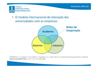 • O modelo internacional de interação das
     universidades com as empresas:
                                                                                Redes de
                                              Academia                          Cooperação




                                Governo                     Indústria


ETZKOWITZ, H. Incubation of incubators: innovation as a triple helix of university-industry-government networks.
Science and Public Policy, v. 29, n. 2, p. 115-128, 2002.
 