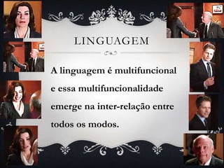LINGUAGEM
A linguagem é multifuncional
e essa multifuncionalidade
emerge na inter-relação entre
todos os modos.
 