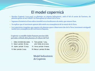 El model copernicà
 Nicolau Copèrnic (1473-1543) va plantejar un sistema heliocèntric, amb el Sol al centre de l’univers, els
planetes girant al seu voltant i la Lluna girant al voltant de la Terra.
 Suposava l’existència d’una esfera immòbil on es localitzaven els estels, que estaven fixos.
 Va explicar que el moviment aparent dels estels era conseqüència de la rotació de la Terra.
 Les trajectòries irregulars que seguien els planetes quan s’observaven des de la Terra (moviment retrògrad)
també eren conseqüència del moviment d’aquesta.
Model heliocèntric
de Copèrnic
Copèrnic va establir dades bastant precises dels
períodes orbitals dels planetes al voltant del Sol:
I. Esfera immòbil dels estels. V. Terra: període 1 any,
II. Saturn: període 30 anys. amb l’òrbita de la Lluna.
III. Júpiter: període 12 anys. VI. Venus: període 9 mesos.
IV. Mart: període 2 anys. VII. Mercuri: període 80 dies.
 
