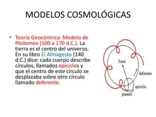 MODELOS COSMOLÓGICAS
• Teoría Geocéntrica: Modelo de
Ptolomeo (100 a 170 d.C.). La
tierra es el centro del universo.
En su libro El Almagesto (140
d.C.) dice: cada cuerpo describe
círculos, llamados epiciclos y
que el centro de este círculo se
desplazaba sobre otro círculo
llamado deferente.
 