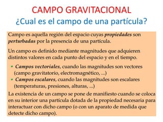 CAMPO GRAVITACIONAL
¿Cual es el campo de una partícula?
 