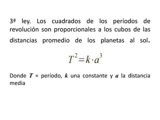 3ª ley. Los cuadrados de los períodos de
revolución son proporcionales a los cubos de las
distancias promedio de los planetas al sol.
Donde T = período, k una constante y a la distancia
media
 