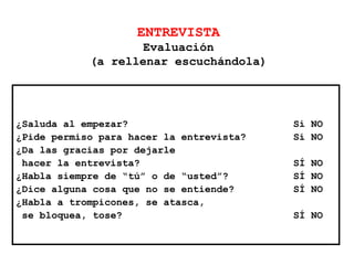 ENTREVISTA
Evaluación
(a rellenar escuchándola)
¿Saluda al empezar? Sí NO
¿Pide permiso para hacer la entrevista? Sí NO
¿Da las gracias por dejarle
hacer la entrevista? SÍ NO
¿Habla siempre de “tú” o de “usted”? SÍ NO
¿Dice alguna cosa que no se entiende? SÍ NO
¿Habla a trompicones, se atasca,
se bloquea, tose? SÍ NO
 
