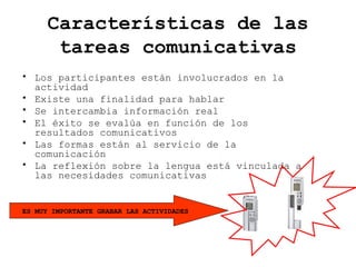 Características de las
tareas comunicativas
• Los participantes están involucrados en la
actividad
• Existe una finalidad para hablar
• Se intercambia información real
• El éxito se evalúa en función de los
resultados comunicativos
• Las formas están al servicio de la
comunicación
• La reflexión sobre la lengua está vinculada a
las necesidades comunicativas
ES MUY IMPORTANTE GRABAR LAS ACTIVIDADES
 