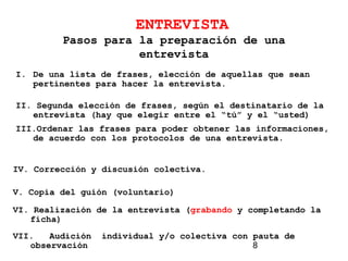 8
ENTREVISTA
Pasos para la preparación de una
entrevista
I. De una lista de frases, elección de aquellas que sean
pertinentes para hacer la entrevista.
II. Segunda elección de frases, según el destinatario de la
entrevista (hay que elegir entre el “tú” y el “usted)
III.Ordenar las frases para poder obtener las informaciones,
de acuerdo con los protocolos de una entrevista.
IV. Corrección y discusión colectiva.
V. Copia del guión (voluntario)
VI. Realización de la entrevista (grabando y completando la
ficha)
VII. Audición individual y/o colectiva con pauta de
observación
 