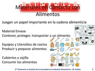 Materiales en Contacto con
Alimentos
Juegan un papel importante en la cadena alimenticia
Material Envase
Contener, proteger, transportar a un alimento
Equipos y Utensilios de cocina
Producir y preparar alimentos
Cubiertos y vajilla
Consumir los alimentos
2do Seminario en Gestión de la Inocuidad en la Industria Alimentaria – M. Peltzer 2
 