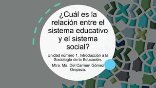¿Cuál es la
relación entre el
sistema educativo
y el sistema
social?
Unidad número 1. Introducción a la
Sociología de la Educación.
Mtra. Ma. Del Carmen Gómez
Oropeza.
 