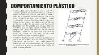 COMPORTAMIENTO PLÁSTICO
• El comportamiento entre los miembros del PAI y
Momento plástico se considera elástico. Cuando se
alcanza el Momento plástico, una rótula plástica se
forma en el miembro, en contraste con una fricción
de la bisagra que permite la rotación libre y ocurre en
el momento plástico Momento plástico de forma
constante. Las bisagras de plástico se extienden en
los tramos cortos de las vigas, pero los análisis
detallados han demostrado que es que necesario
considerar que las vigas rígidas cuentan con unas
bisagras con plasticidad limitada en los puntos.
Mediante la inserción de una rótula plástica en un
límite de carga y una viga estáticamente
determinada, un mecanismo cinemático
• Permite un desplazamiento sin límites que se pueden
formar en el sistema, esto es conocido como el
“mecanismo de colapso”. Para cada grado de
indeterminación estática de la viga, se debe agregar
un plástico a la bisagra adicional para formar un
mecanismo de colapso.
 
