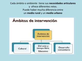 Cada ámbito o ambiente tiene sus necesidades articulares
y ofrece diferentes retos.
Puede haber mucha diferencia entre
un medio rural y un medio urbano
 