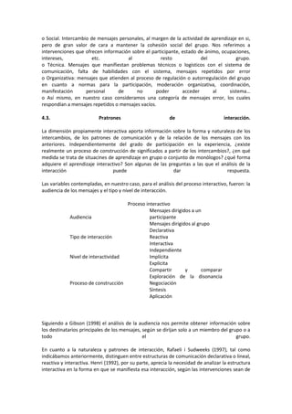 o Social. Intercambio de mensajes personales, al margen de la actividad de aprendizaje en si,
pero de gran valor de cara a mantener la cohesión social del grupo. Nos referimos a
intervenciones que ofrecen información sobre el participante, estado de ánimo, ocupaciones,
intereses, etc. al resto del grupo.
o Técnica. Mensajes que manifiestan problemas técnicos o logísticos con el sistema de
comunicación, falta de habilidades con el sistema, mensajes repetidos por error
o Organizativa: mensajes que atienden al proceso de regulación o autorregulación del grupo
en cuanto a normas para la participación, moderación organizativa, coordinación,
manifestación personal de no poder acceder al sistema…
o Así mismo, en nuestro caso consideramos una categoría de mensajes error, los cuales
respondían a mensajes repetidos o mensajes vacíos.
4.3. Pratrones de interacción.
La dimensión propiamente interactiva aporta información sobre la forma y naturaleza de los
intercambios, de los patrones de comunicación y de la relación de los mensajes con los
anteriores. Independientemente del grado de participación en la experiencia, ¿existe
realmente un proceso de construcción de significados a partir de los intercambios?, ¿en qué
medida se trata de situacines de aprendizaje en grupo o conjunto de monólogos? ¿qué forma
adquiere el aprendizaje interactivo? Son algunas de las preguntas a las que el análisis de la
interacción puede dar respuesta.
Las variables contempladas, en nuestro caso, para el análisis del proceso interactivo, fueron: la
audiencia de los mensajes y el tipo y nivel de interacción.
Proceso interactivo
Audiencia
Mensajes dirigidos a un
participante
Mensajes dirigidos al grupo
Tipo de interacción
Declarativa
Reactiva
Interactiva
Nivel de interactividad
Independiente
Implícita
Explícita
Proceso de construcción
Compartir y comparar
Exploración de la disonancia
Negociación
Síntesis
Aplicación
Siguiendo a Gibson (1998) el análisis de la audiencia nos permite obtener información sobre
los destinatarios principales de los mensajes, según se dirijan solo a un miembro del grupo o a
todo el grupo.
En cuanto a la naturaleza y patrones de interacción, Rafaeli i Sudweeks (1997), tal como
indicábamos anteriormente, distinguen entre estructuras de comunicación declarativa o lineal,
reactiva y interactiva. Henri (1992), por su parte, aprecia la necesidad de analizar la estructura
interactiva en la forma en que se manifiesta esa interacción, según las intervenciones sean de
 