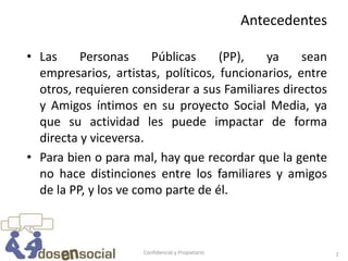 Antecedentes

• Las     Personas      Públicas    (PP),   ya     sean
  empresarios, artistas, políticos, funcionarios, entre
  otros, requieren considerar a sus Familiares directos
  y Amigos íntimos en su proyecto Social Media, ya
  que su actividad les puede impactar de forma
  directa y viceversa.
• Para bien o para mal, hay que recordar que la gente
  no hace distinciones entre los familiares y amigos
  de la PP, y los ve como parte de él.



                     Confidencial y Propietario                  2
 