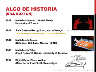 ALGO DE HISTORIA
(BILL BUXTON)
1982 Multi-Touch Input: Nimish Mehta
University of Toronto.
1983 Rich Gesture Recognition, ...
