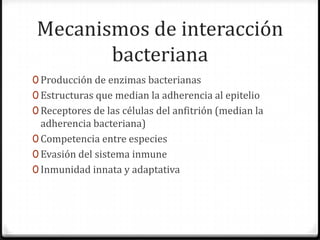 Mecanismos de interacción
       bacteriana
0 Producción de enzimas bacterianas
0 Estructuras que median la adherencia al epitelio
0 Receptores de las células del anfitrión (median la
  adherencia bacteriana)
0 Competencia entre especies
0 Evasión del sistema inmune
0 Inmunidad innata y adaptativa
 