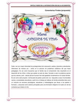DIFICULTADES EN LA INTERACCIÓN ESCUELA-ACUDIENTES.


                                                         Comentarios Finales (propuesta):




Cada vez con mayor intensidad los protagonistas de la educación, padres, docentes y estudiantes,
intervienen de manera pro - activa en la solución de problemas cotidianos del que hacer
pedagógico. Es así como buscamos que la familia sea el componente más importante en el
desarrollo de los niños y niñas que asisten al aula de clase. Sumado a esto no podemos ignorar
que los valores y anti - valores del ser humano han sido gestados inicialmente en el núcleo familiar.
Es así como este proyecto de Escuela de padres quiere dar una respuesta a esos innumerables
vacíos y necesidades educativas a partir de un trabajo por talleres de familia entendida ésta como
un conjunto de acciones psicológicas, educativas y metodológicas que llevan a los padres a
formarse y educarse como actores principales para una formación integral en el cada uno de los
contextos que rodean al niño.
 