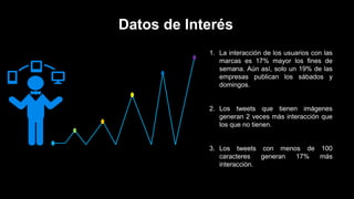 1. La interacción de los usuarios con las
marcas es 17% mayor los fines de
semana. Aún así, solo un 19% de las
empresas publican los sábados y
domingos.
2. Los tweets que tienen imágenes
generan 2 veces más interacción que
los que no tienen.
3. Los tweets con menos de 100
caracteres generan 17% más
interacción.
Datos de Interés
 