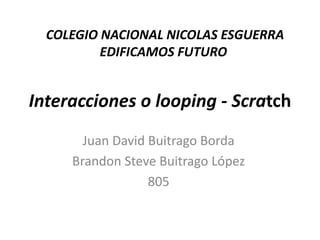 Interacciones o looping - Scratch
Juan David Buitrago Borda
Brandon Steve Buitrago López
805
COLEGIO NACIONAL NICOLAS ESGUERRA
EDIFICAMOS FUTURO
 
