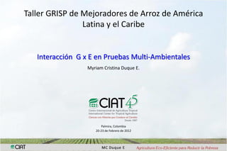 Taller GRISP de Mejoradores de Arroz de América
                Latina y el Caribe


   Interacción G x E en Pruebas Multi-Ambientales
                  Myriam Cristina Duque E.




                        Palmira, Colombia
                     20-23 de Febrero de 2012
 