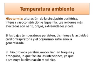 Temperatura ambiente
Hipotermia: alteración de la circulación periférica,
intensa vasoconstricción e isquemia. Las regiones más
afectadas son nariz, orejas, extremidades y cola.
Si las bajas temperaturas persisten, disminuye la actividad
cardiorrespiratoria y el organismo sufre anoxia
generalizada.
El frío provoca parálisis mucociliar en tráquea y
bronquios, lo que facilita las infecciones, ya que
disminuye la eliminación mecánica.
 
