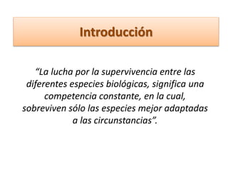 Introducción
“La lucha por la supervivencia entre las
diferentes especies biológicas, significa una
competencia constante, en la cual,
sobreviven sólo las especies mejor adaptadas
a las circunstancias”.
 