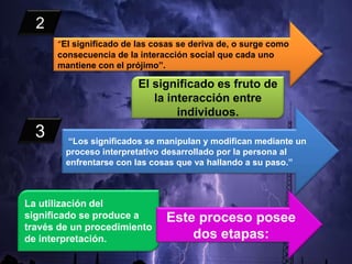 “El significado de las cosas se deriva de, o surge como
consecuencia de la interacción social que cada uno
mantiene con el prójimo”.
2
El significado es fruto de
la interacción entre
individuos.
“Los significados se manipulan y modifican mediante un
proceso interpretativo desarrollado por la persona al
enfrentarse con las cosas que va hallando a su paso.”
3
La utilización del
significado se produce a
través de un procedimiento
de interpretación.
Este proceso posee
dos etapas:
 